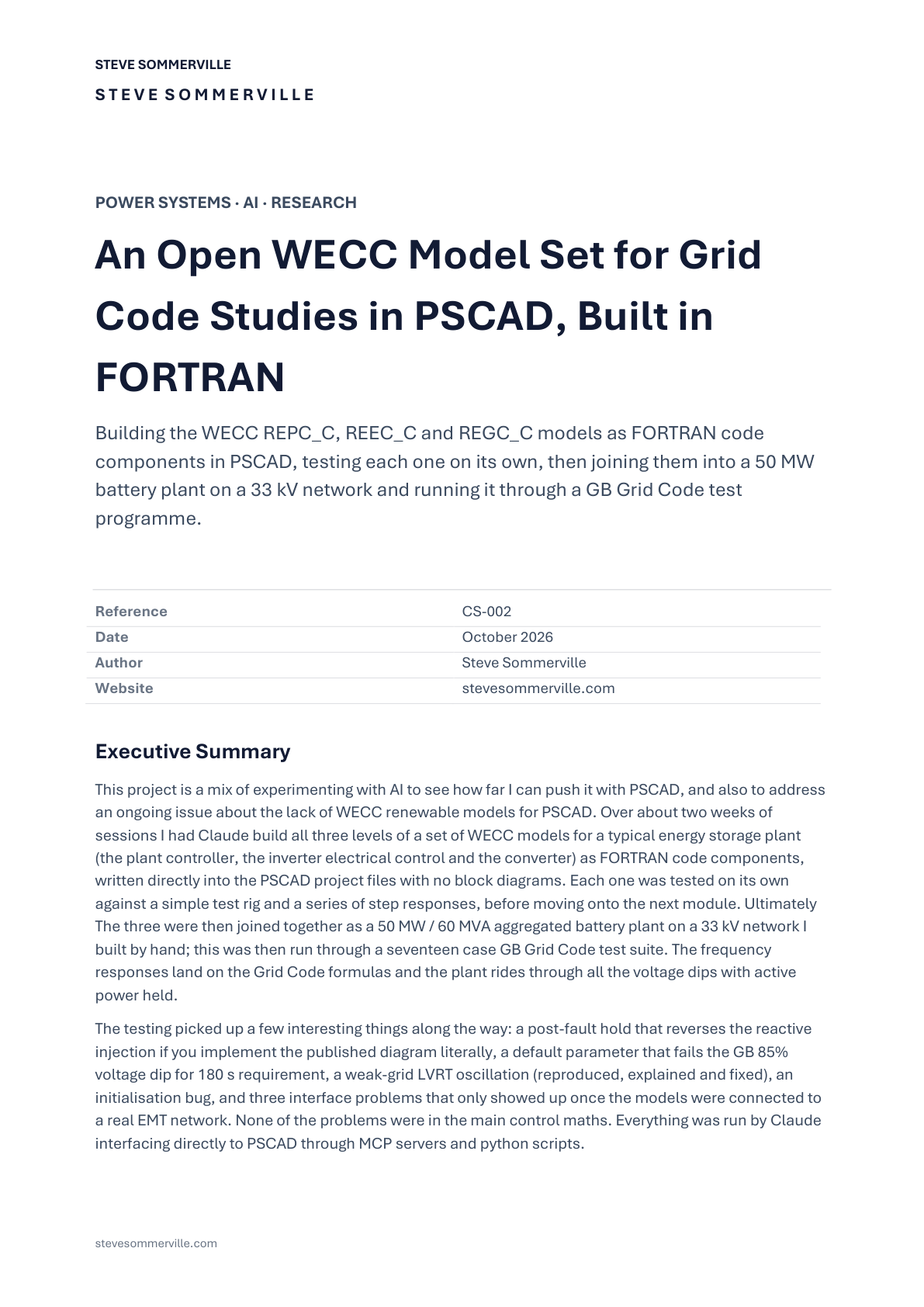 First page of Creation of a WECC Storage Model in PSCAD Using FORTRAN (REPC, REEC and REGC)